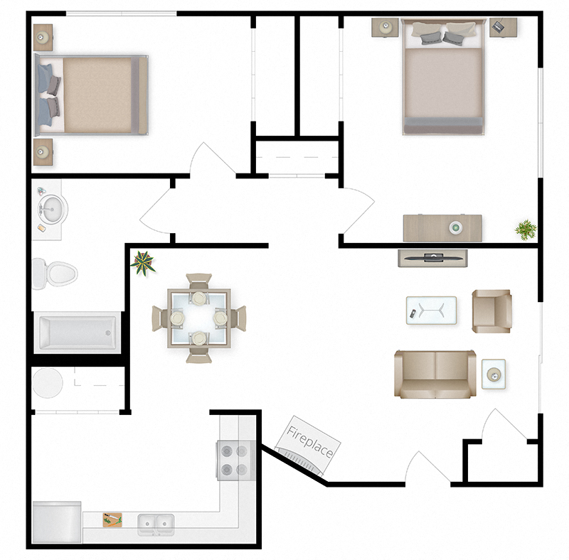 Floor plan for 2 beds, 1 bath, 850 sqft